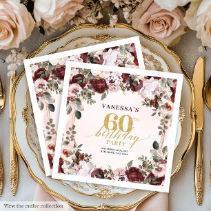 Luxus-Bordeaux-Gold-Rosen-Boho-60.-Geburtstag-Serv Serviette