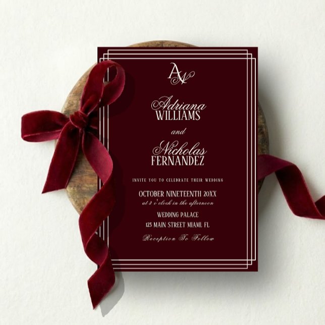 Luxus-Bordeaux-Monogramm-Hochzeit Einladung (Von Creator hochgeladen)
