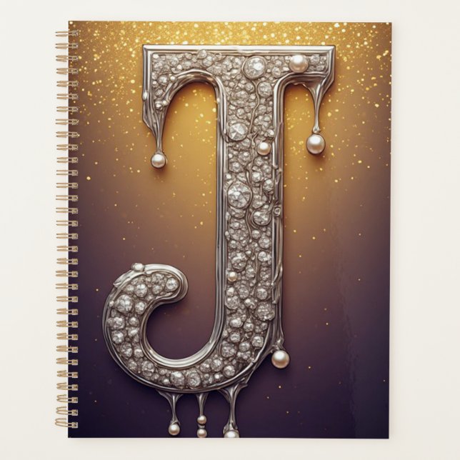 Luxus-Buchstabe J Monogramm in Diamant, Perle Gold Planer (Vorderseite)