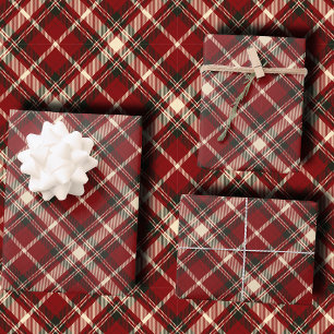Luxus-Burgund- und Creme-Diagonal-Tartan-Karo Geschenkpapier Set