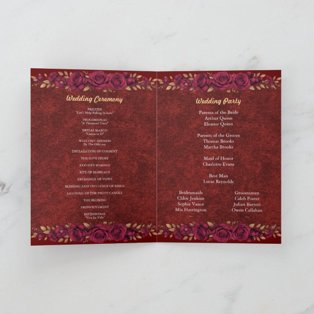 Luxus-Burgund- und Gold-Blumen-Hochzeitsprogramm  Programm (Innenseite)
