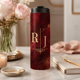 Luxus-Burgund und Gold-Marmor-Monogramm Thermosbecher