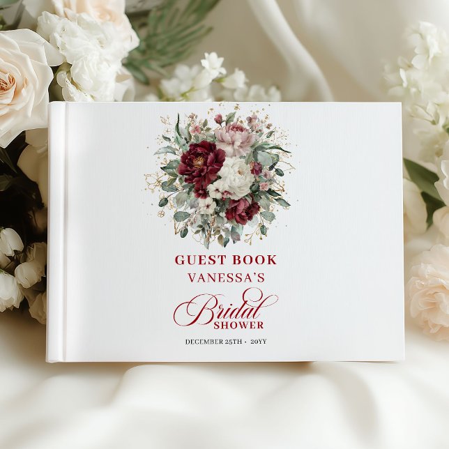 Luxus Burgunder Blumen Hochzeitsdusche Gästebuch (Luxury Burgundy Floral Bridal Shower Guest Book)