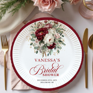 Luxus Burgunder Blumen Hochzeitspapierplatten Pappteller