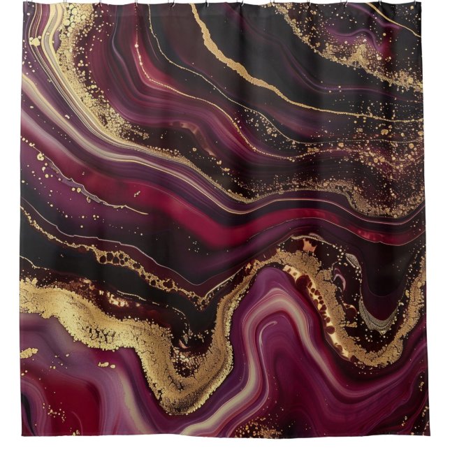 Luxus-Burgunder-Gold-Glitter-Achat-Marmor Duschvorhang (Vorderseite)