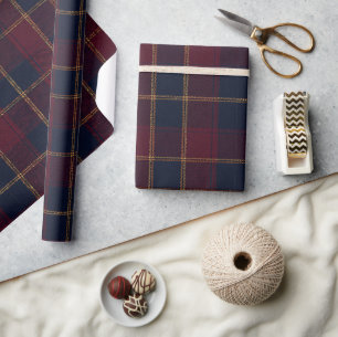 Luxus-Burgunder-Navy- und Gold-Tartan Geschenkpapier