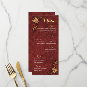 Luxus-Burgunder- und Gold-Blumen-Hochzeitsmenükart Menükarte