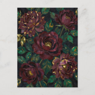 Luxus-Burgunderrosen-Goldblatt-Blumen Postkarte