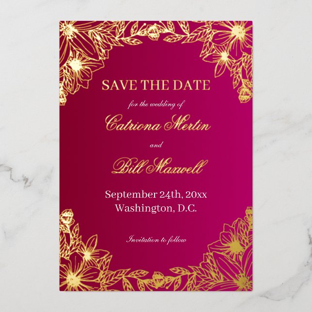 Luxus Burgunderrot Goldfolie Save The Date Karte (Vorderseite)