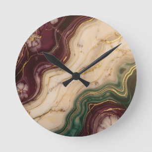 Luxus-Burgunderrot-Smaragdgrün-Gold-Marmor-Blumenm Runde Wanduhr