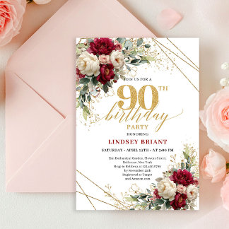Luxus-Burgunderweiße Rosen Gold 90. Geburtstag Einladung