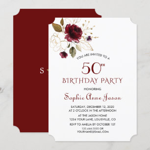 Luxus Burgundy Gold Floral 50. Geburtstag Monogram Einladung