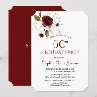 Luxus Burgundy Gold Floral 50. Geburtstag Monogram Einladung