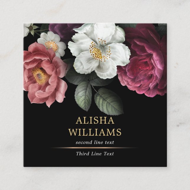 Luxus Business Floral Black Gold Quadratische Visitenkarte (Vorderseite)