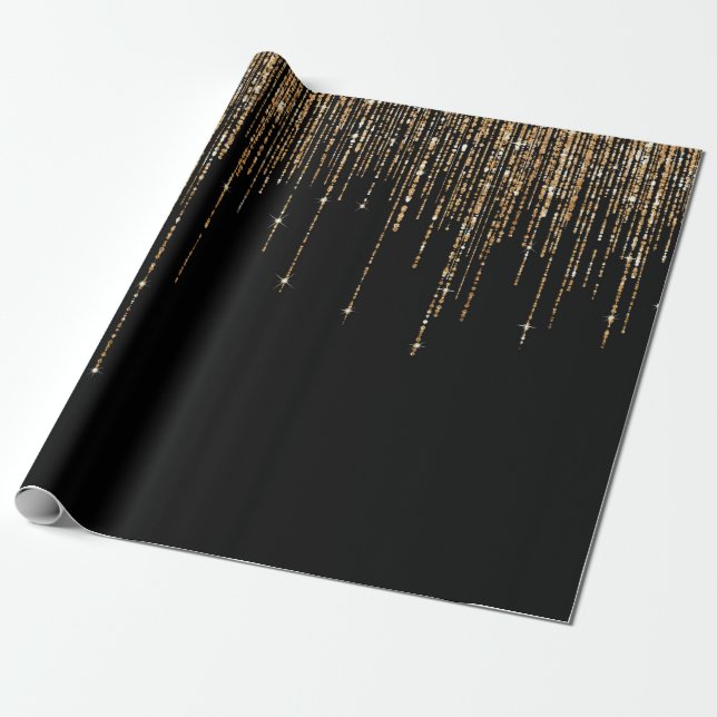 Luxus Chic Black Gold Funkelnd Glitzer Fringe Geschenkpapier (Ungerollt)