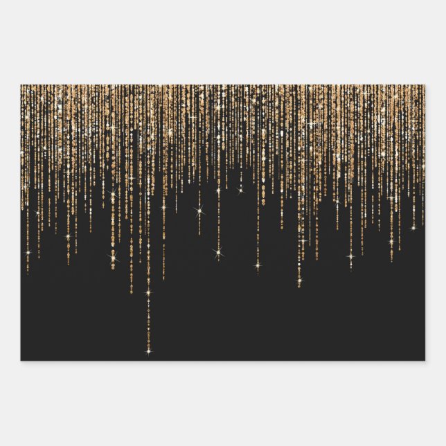 Luxus Chic Black Gold Funkelnd Glitzer Fringe Geschenkpapier Set (Vorderseite)