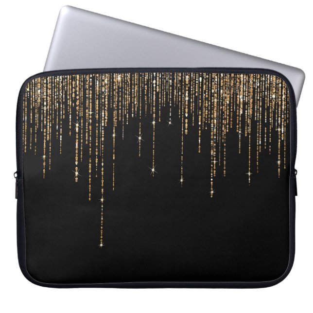 Luxus Chic Black Gold Funkelnd Glitzer Fringe Laptopschutzhülle (Vorderseite)