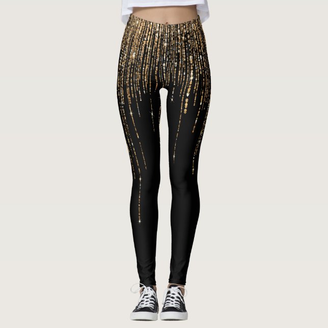 Luxus Chic Black Gold Funkelnd Glitzer Fringe Leggings (Vorderseite)