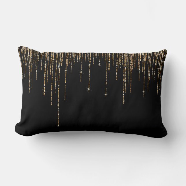 Luxus Chic Black Gold Funkelnd Glitzer Fringe Lendenkissen (Vorderseite)