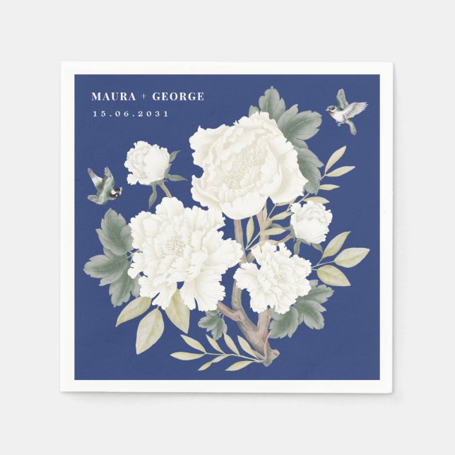 Luxus Chinoiserie Navy Blue Ivory Blumenzehen Serviette (Vorderseite)