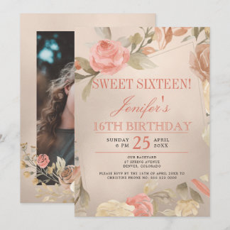Luxus Coral Gold Peach Floral FOTO 16 . Geburtstag Einladung