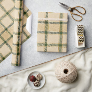 Luxus-Creme-Grün- und Gold-Tartan Elegant Neutral Geschenkpapier