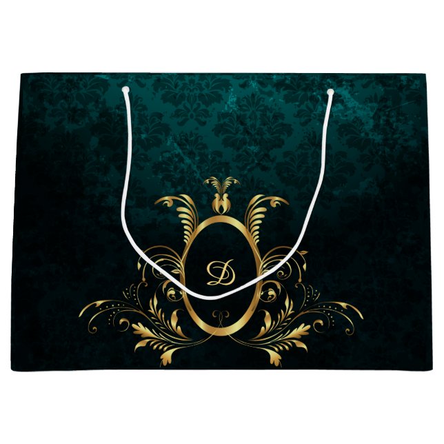 Luxus Damask Gold Rahmen Monogramm Große Geschenktüte (Vorderseite)