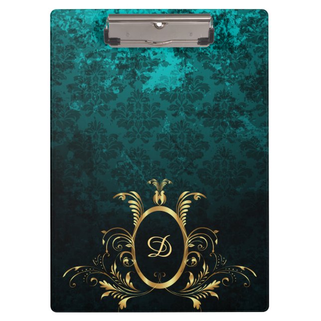Luxus Damask Gold Rahmen Monogramm Klemmbrett (Vorderseite)