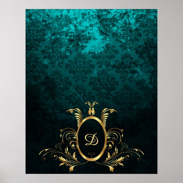 Luxus Damask Gold Rahmen Monogramm Poster (Vorne)