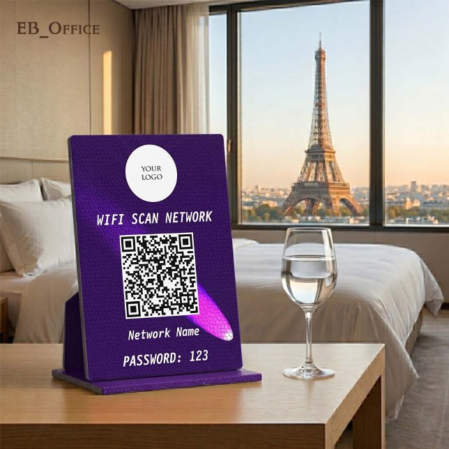 Luxus Deep Purple Leder Spotlight QR Code Wifi  Fotoplatte (Luxury QR Code Wi-fi Tabletop Sign
& Logo
•	Purple Leather pattern
•	5” x 7”
)