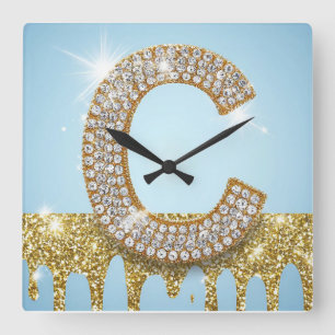 Luxus-Diamant-Buchstabe C auf goldenem Glitter-Hin Quadratische Wanduhr