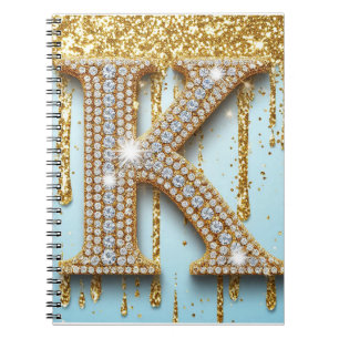 Luxus-Diamant-Buchstabe K auf goldenem Glitter-Hin Notizblock