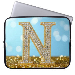 Luxus-Diamant-Buchstabe N auf goldenem Glitter-Hin Laptopschutzhülle