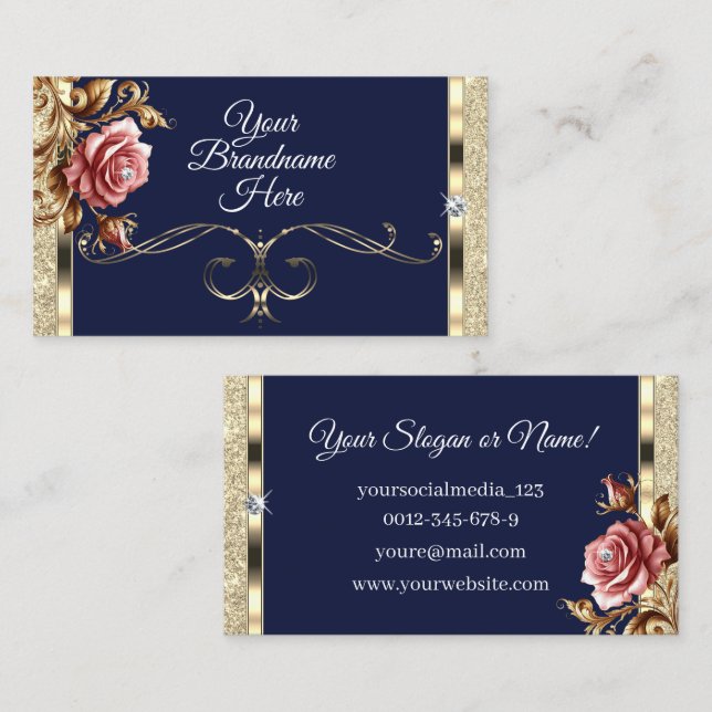 Luxus Dunkelblauer Glitzer Rosa Vintage Rose Visitenkarte (Vorne/Hinten)