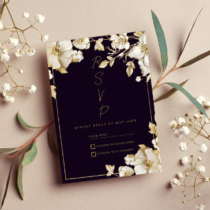 Luxus dunkelviolette weiße goldene florale RSVP Einladung