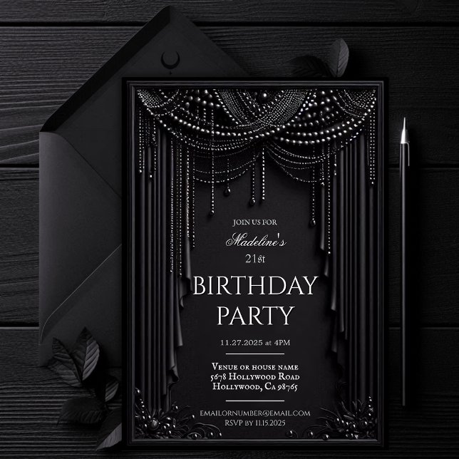 Luxus Dunkler Geburtstag Einladung, gotische schwa Einladung (Luxury Dark Birthday Invitation Template, Modern Black Elegant Birthday Party, Glam Chic Black Evite)