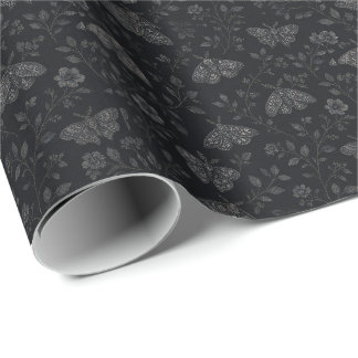 Luxus-Dunkles-Halloween-Botanikmuster – Schwarz  Geschenkpapier