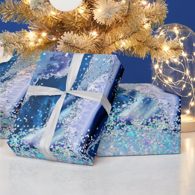 Luxus Edelstein Marmor Blau Glitter Achat Geschenkpapier (Feiertage)
