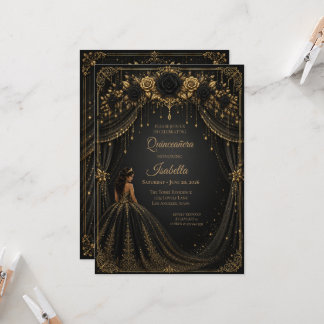 Luxus-Einladung zur Quinceañera in Schwarz und Gol Einladung