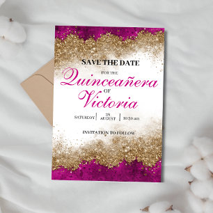 Luxus Elegant Fuchsia Hot Pink & Gold Quinceñera Save The Date