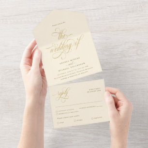Luxus-Elegante Kalligrafie-Creme- und Goldene Hoch All In One Einladung