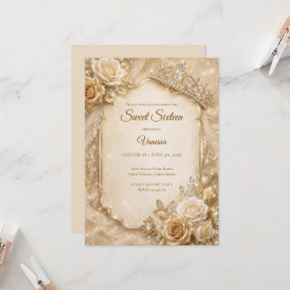 Luxus-Elfenbein-Gold-Prinzessin Sweet 16 Einladung