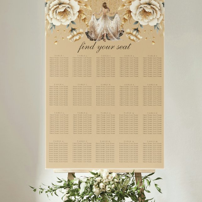 Luxus Elfenbein & Gold Quinceñera Seating Chart Poster (Von Creator hochgeladen)