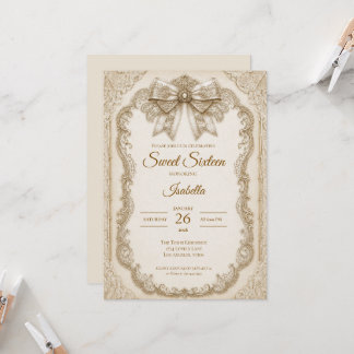 Luxus Elfenbein Gold Spitze Schleife Sweet 16 Einladung