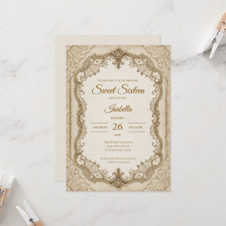 Luxus Elfenbein Gold Spitze Sweet 16 Einladung
