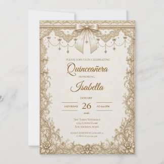 Luxus Elfenbein Gold-Spitzen-Schleife Quinceañera Einladung