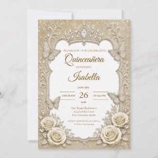 Luxus Elfenbein Gold-Spitzen-Schleife Quinceañera Einladung