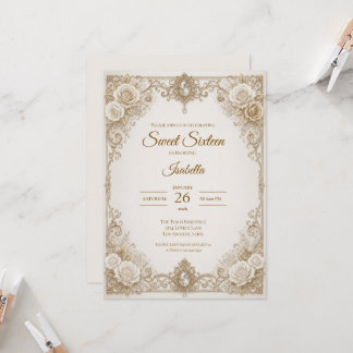 Luxus-Elfenbein-Gold-Spitzen-Schleife Sweet 16 Einladung