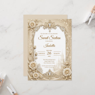 Luxus-Elfenbein-Gold-Spitzen-Schleife Sweet 16 Einladung