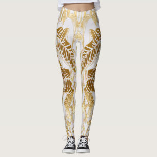 Luxus Elfenbein und Gold Palm Monstera Blatt Leggings